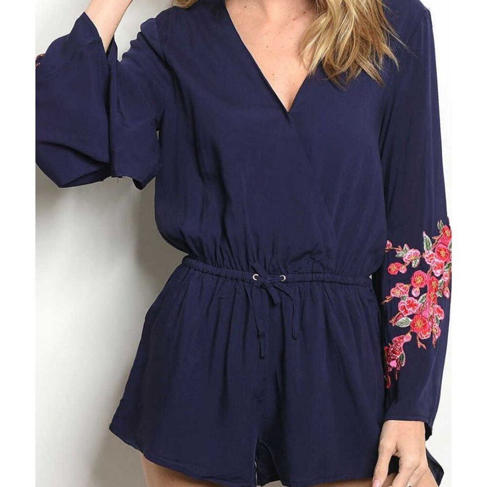 Almost To Heaven- Embroidered Romper Navy
